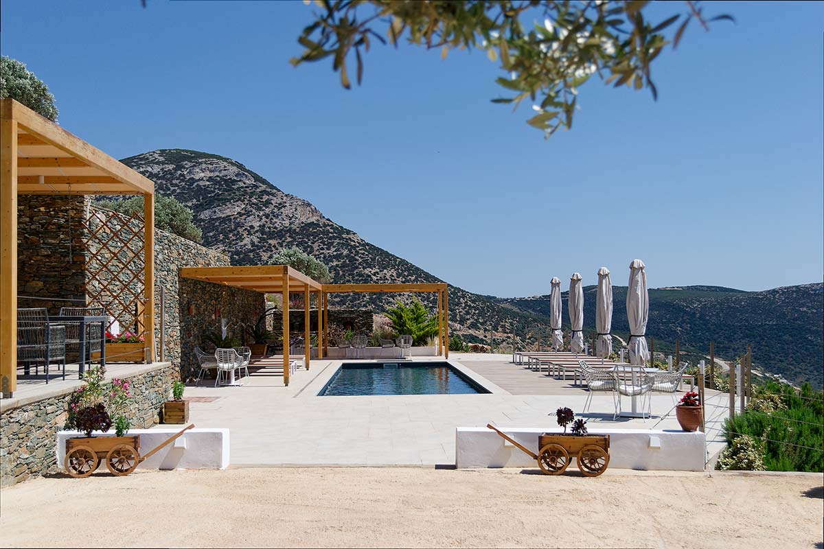 Η πισίνα και οι εξωτερικοί χώροι του Melianthos Villas